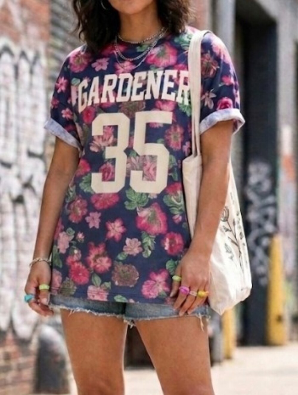 Floral Graphic Tee in Navy and Pink (Sz S/M) Oversized Streetwear Garden Cottage